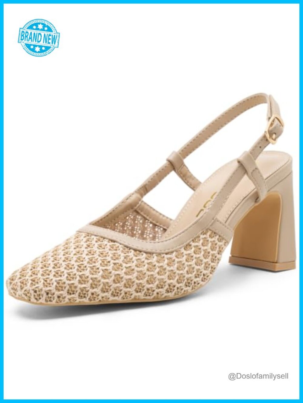 Women's Slingback Pumps Chunky Block Heel Woven Raffia Closed Toe